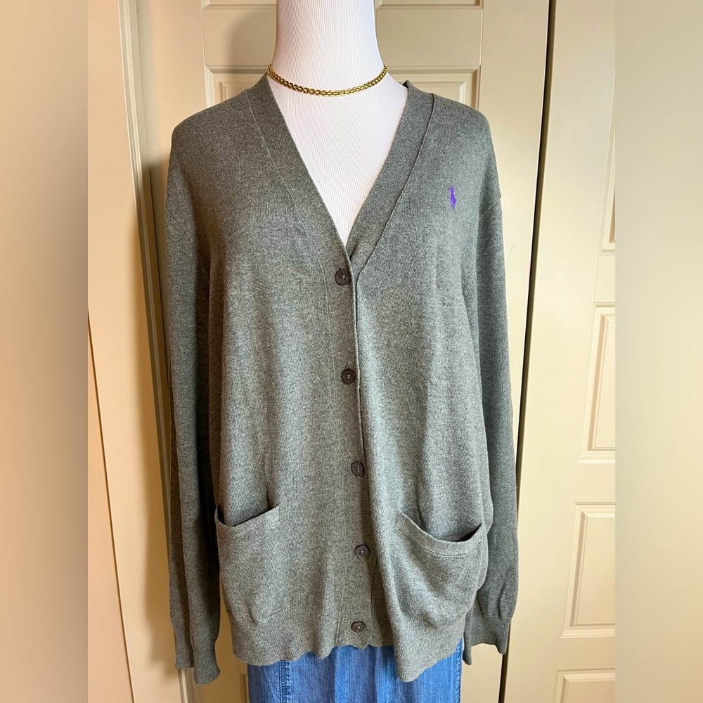 Ralph Lauren Cardigan Sz XL Cotton/Wool, Heathered Greenish-Gray